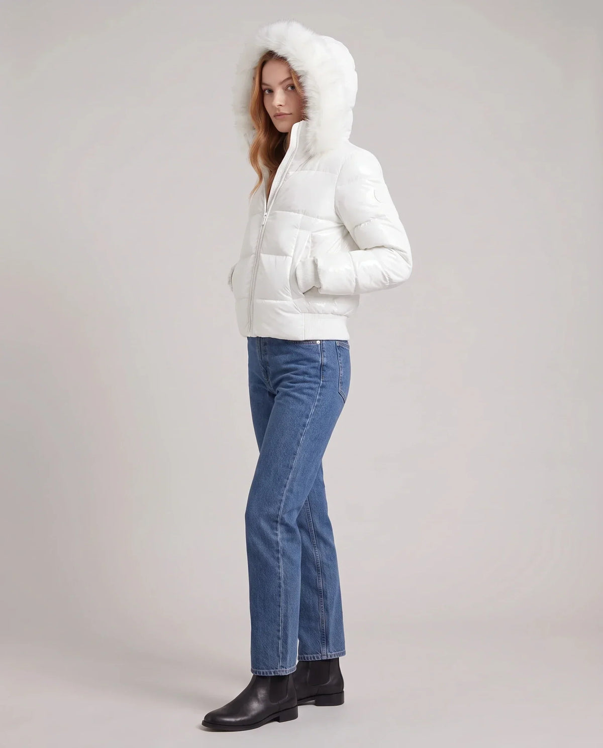 Short Puffer Jacket with Thumbholes and Faux Fur Hood