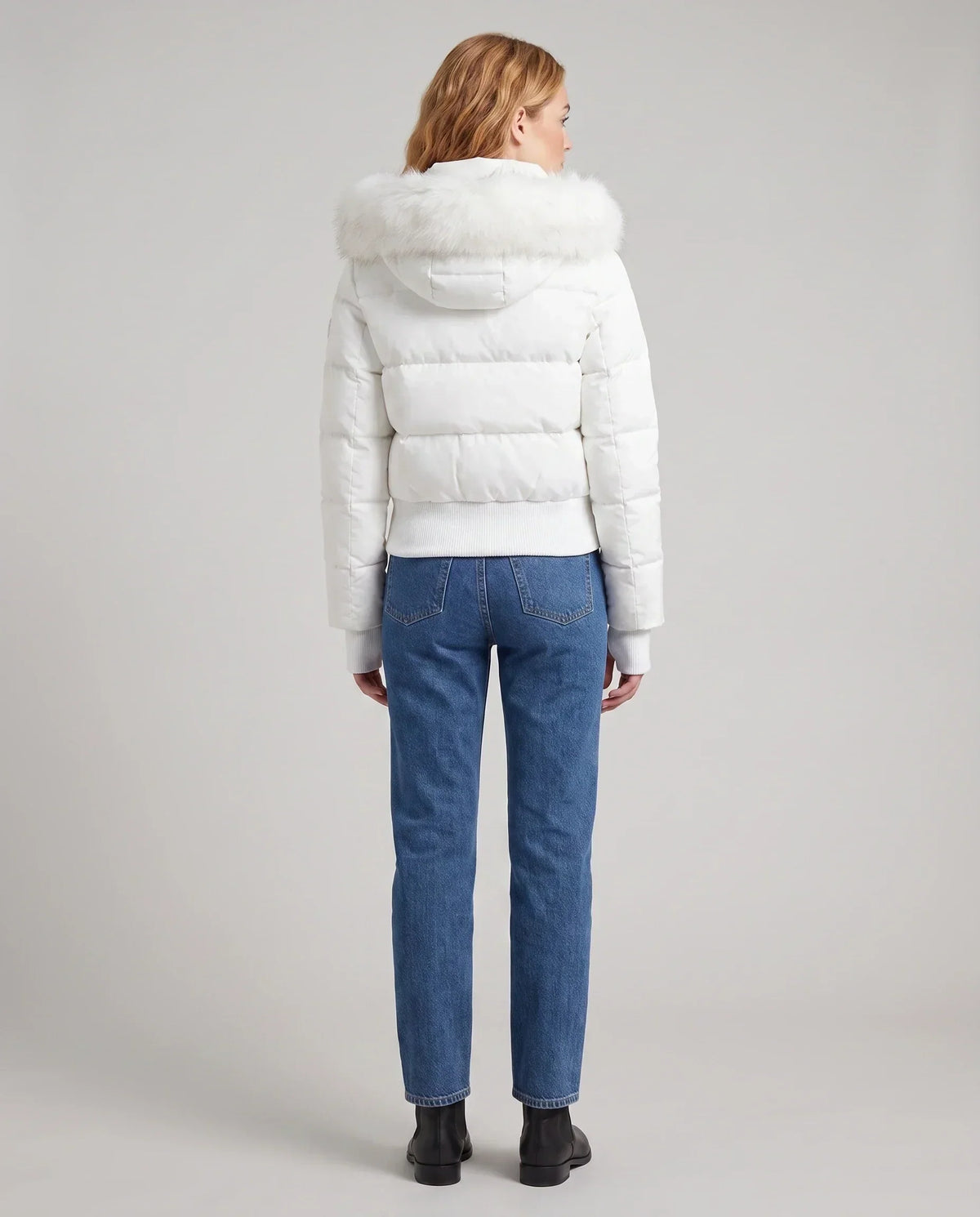 Short Puffer Jacket with Thumbholes and Faux Fur Hood