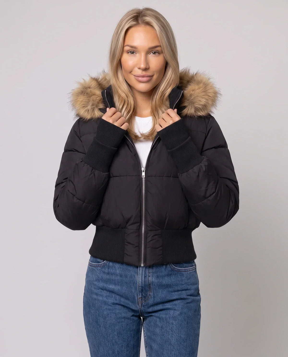 Short Puffer Jacket with Thumbholes and Faux Fur Hood