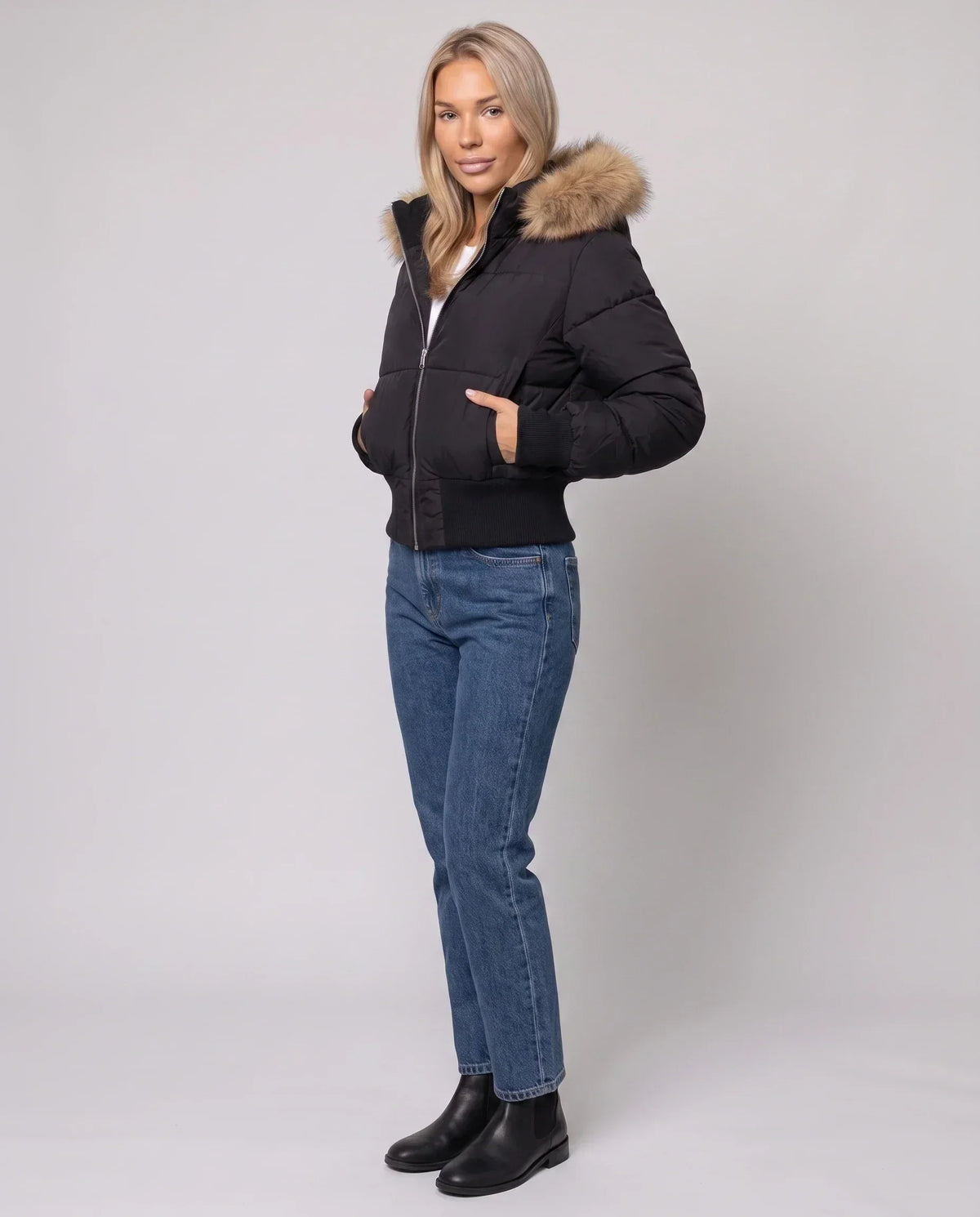 Short Puffer Jacket with Thumbholes and Faux Fur Hood