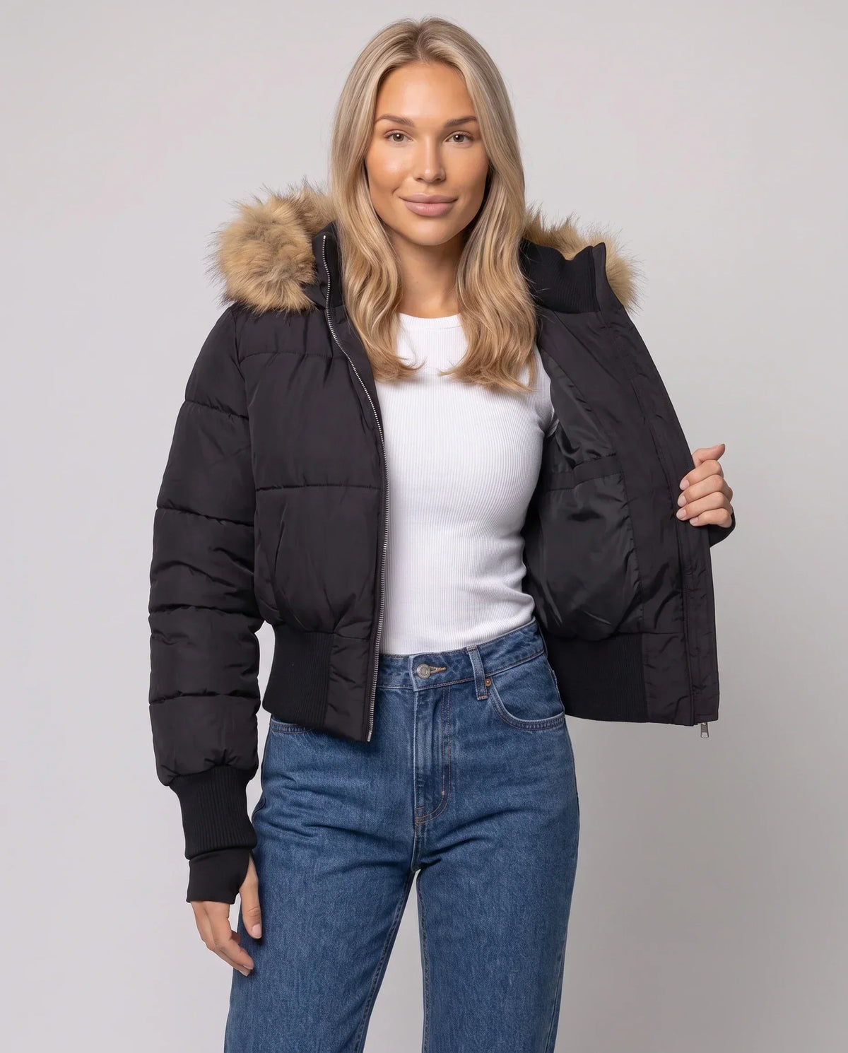 Short Puffer Jacket with Thumbholes and Faux Fur Hood