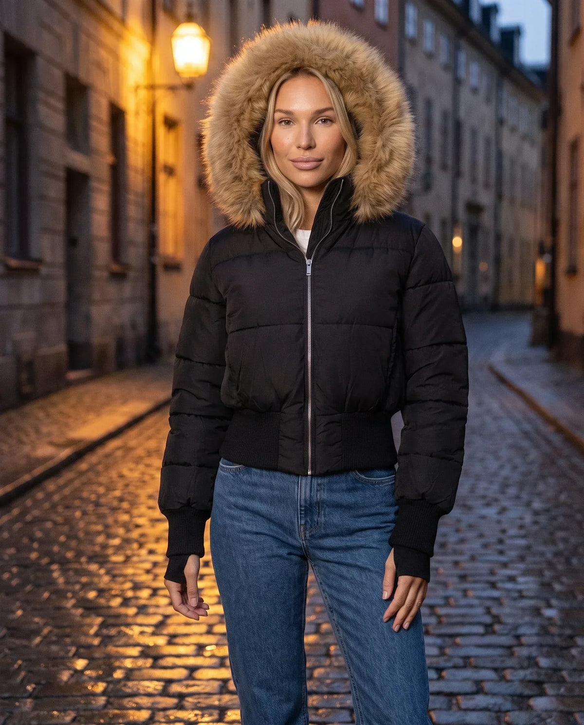 Short Puffer Jacket with Thumbholes and Faux Fur Hood