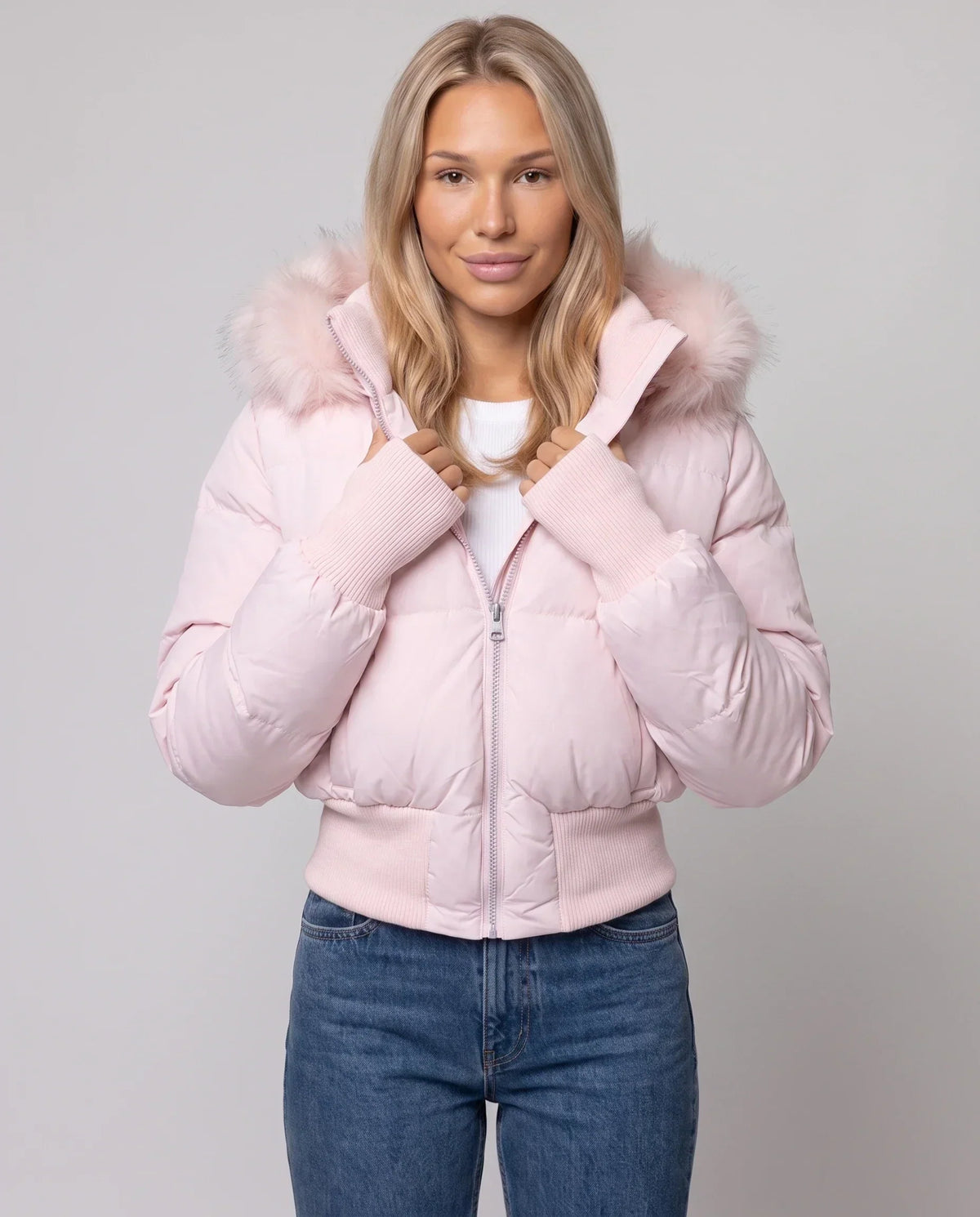 Short Puffer Jacket with Thumbholes and Faux Fur Hood