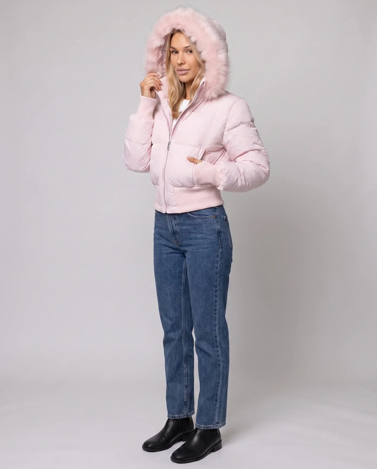 Short Puffer Jacket with Thumbholes and Faux Fur Hood