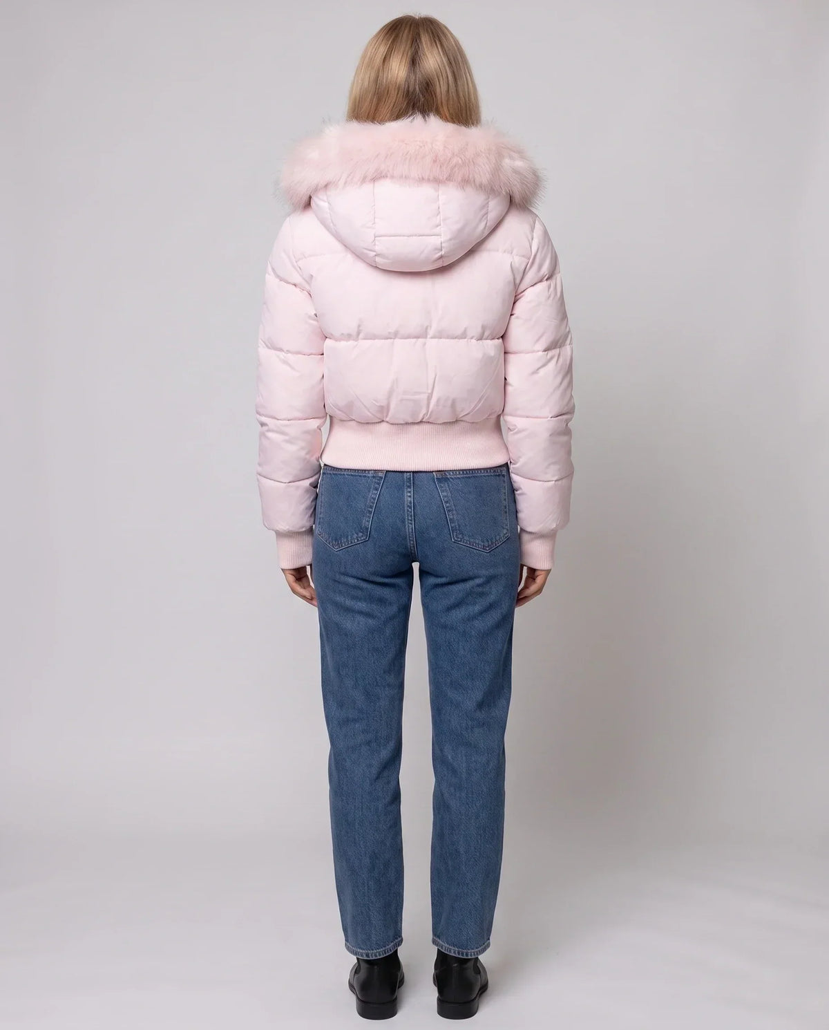 Short Puffer Jacket with Thumbholes and Faux Fur Hood