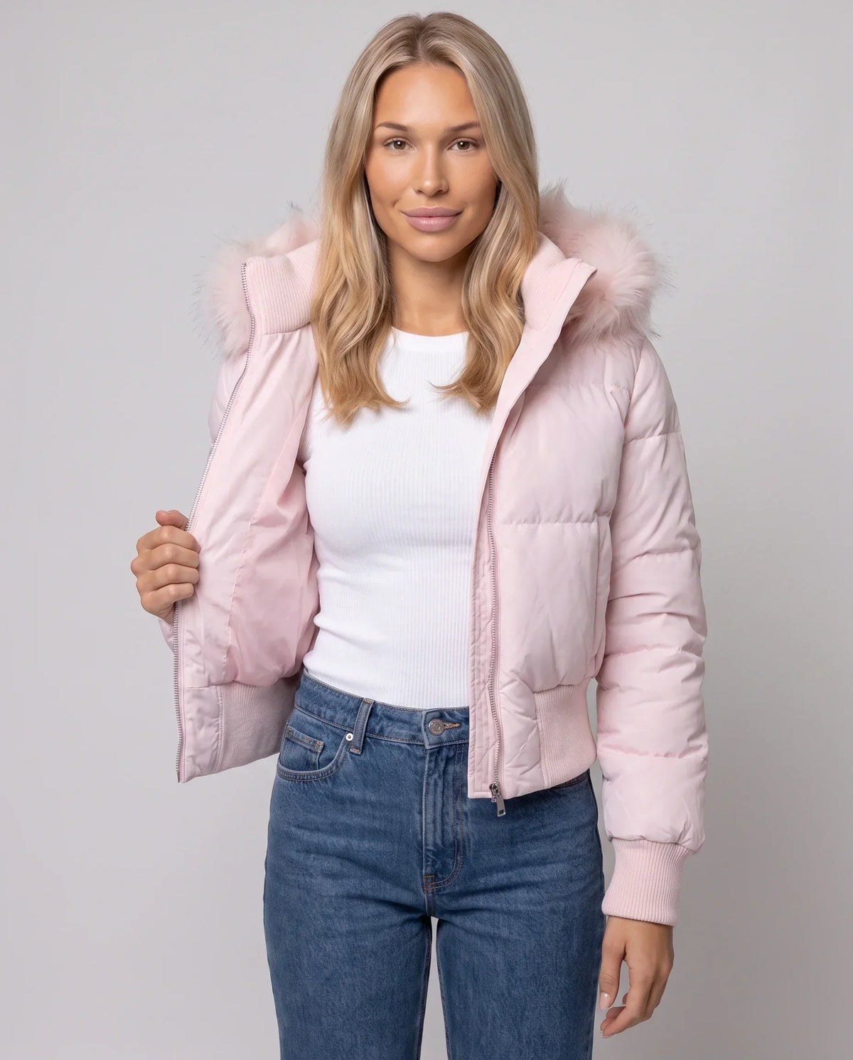 Short Puffer Jacket with Thumbholes and Faux Fur Hood