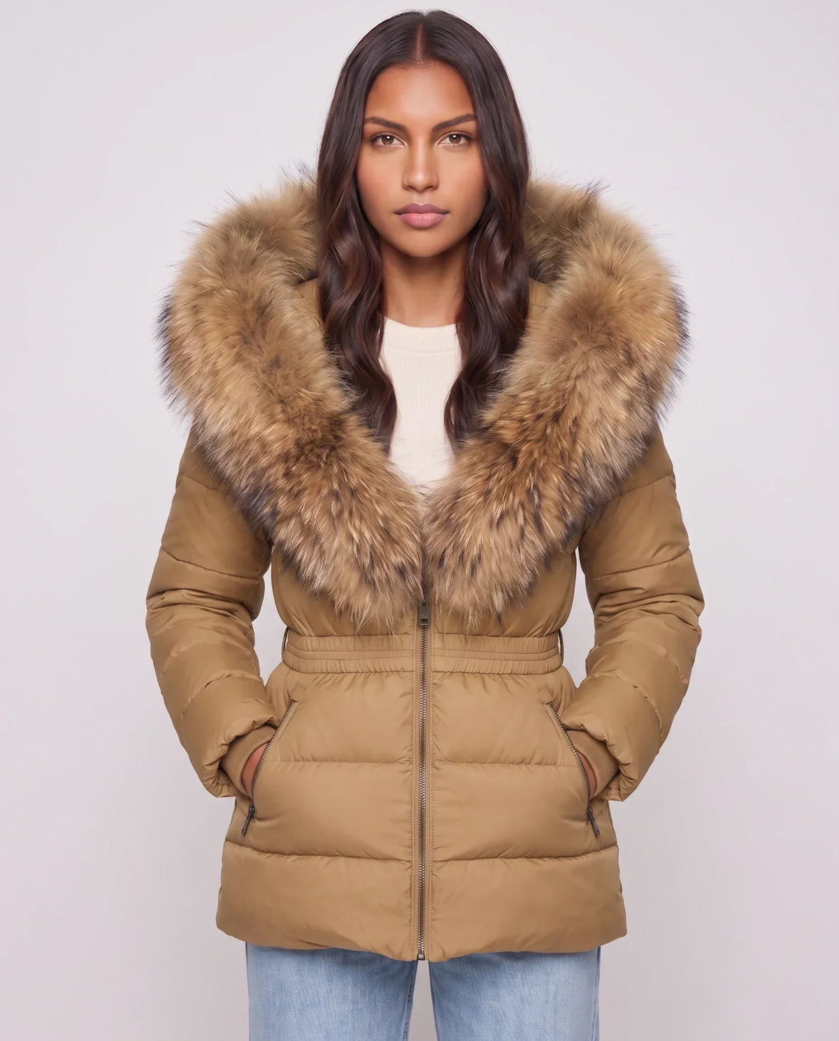 Short Puffer Jacket with Large Faux Fur Hood