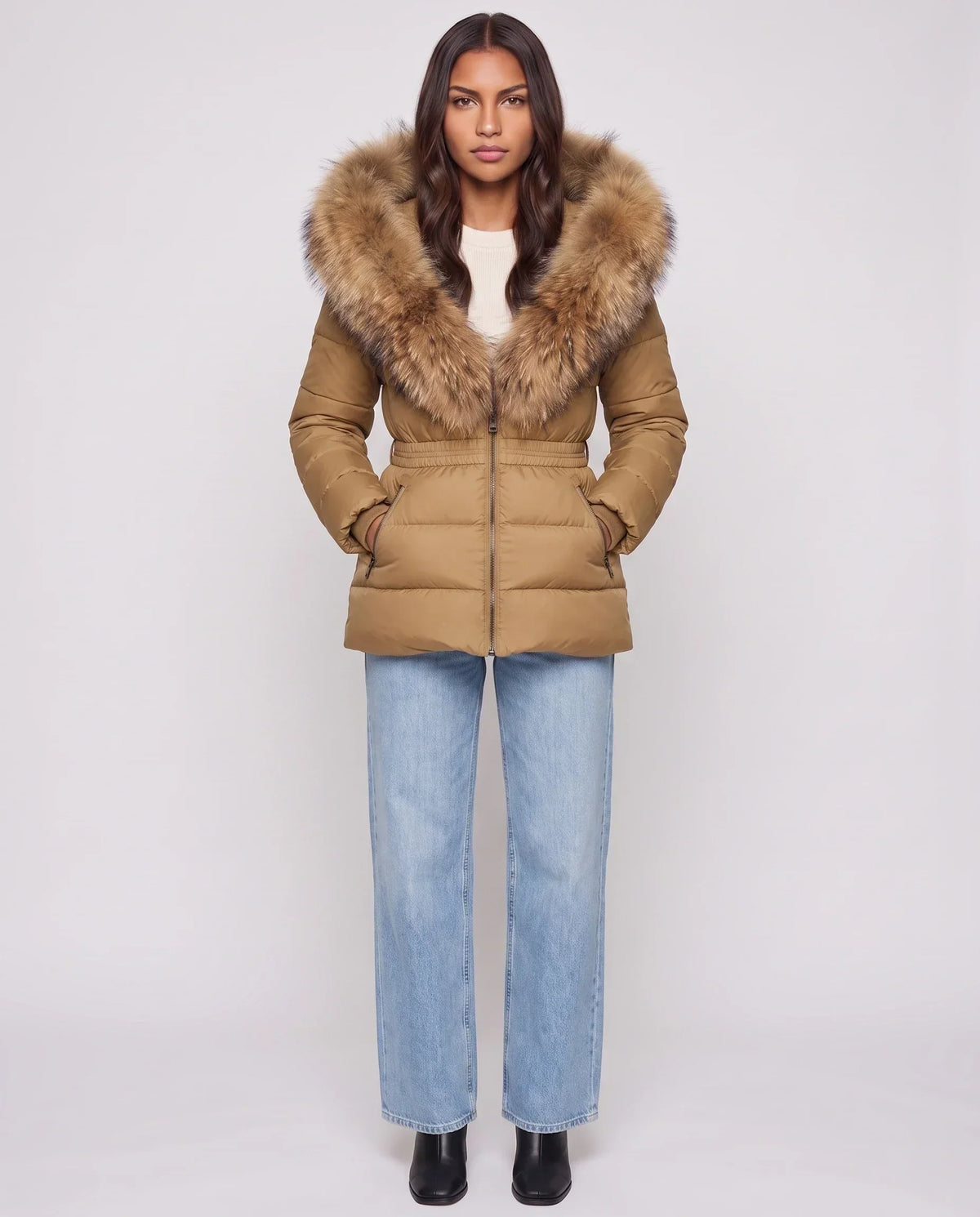 Short Puffer Jacket with Large Faux Fur Hood