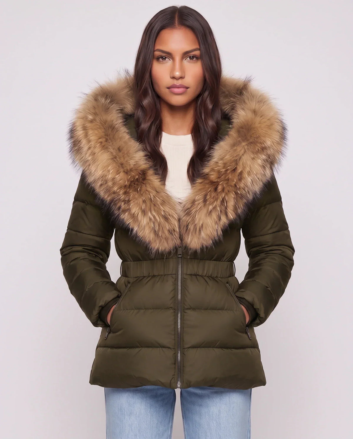 Short Puffer Jacket with Large Faux Fur Hood