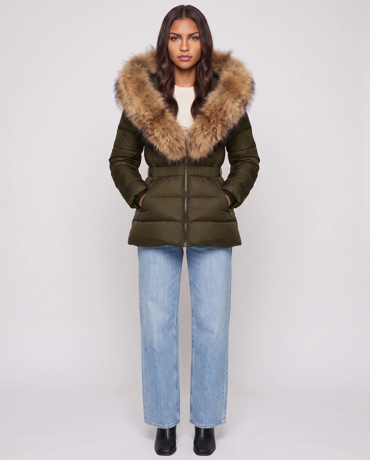 Short Puffer Jacket with Large Faux Fur Hood