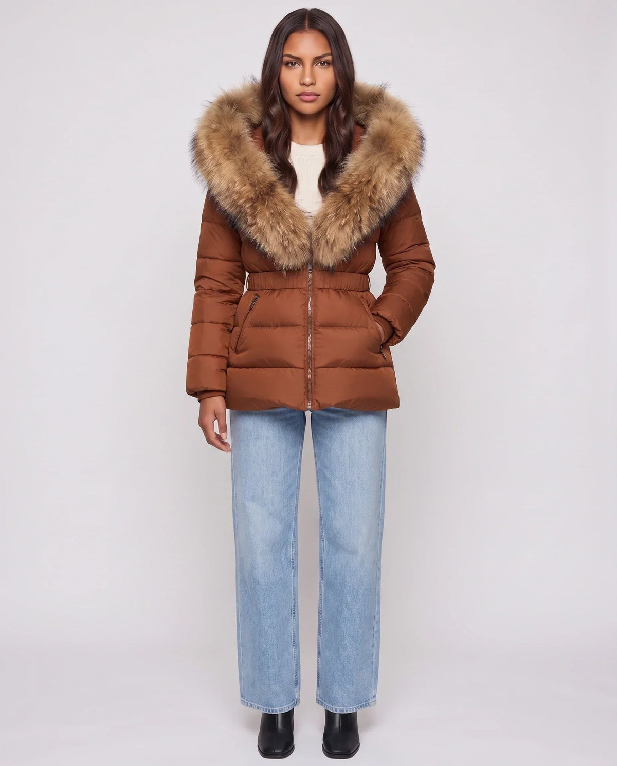 Short Puffer Jacket with Large Faux Fur Hood