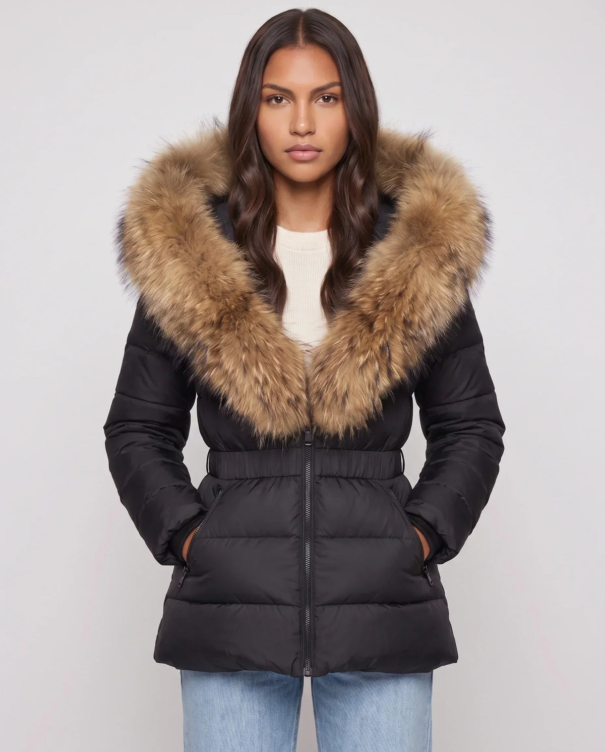 Short Puffer Jacket with Large Faux Fur Hood