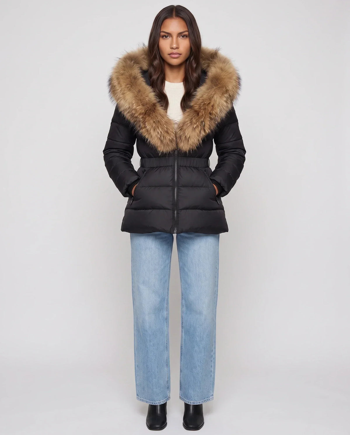 Short Puffer Jacket with Large Faux Fur Hood