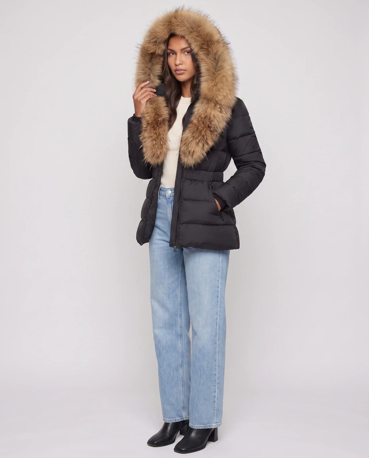 Short Puffer Jacket with Large Faux Fur Hood