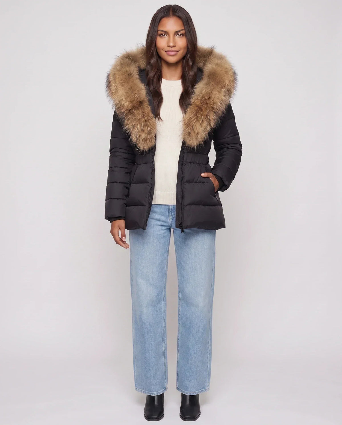 Short Puffer Jacket with Large Faux Fur Hood