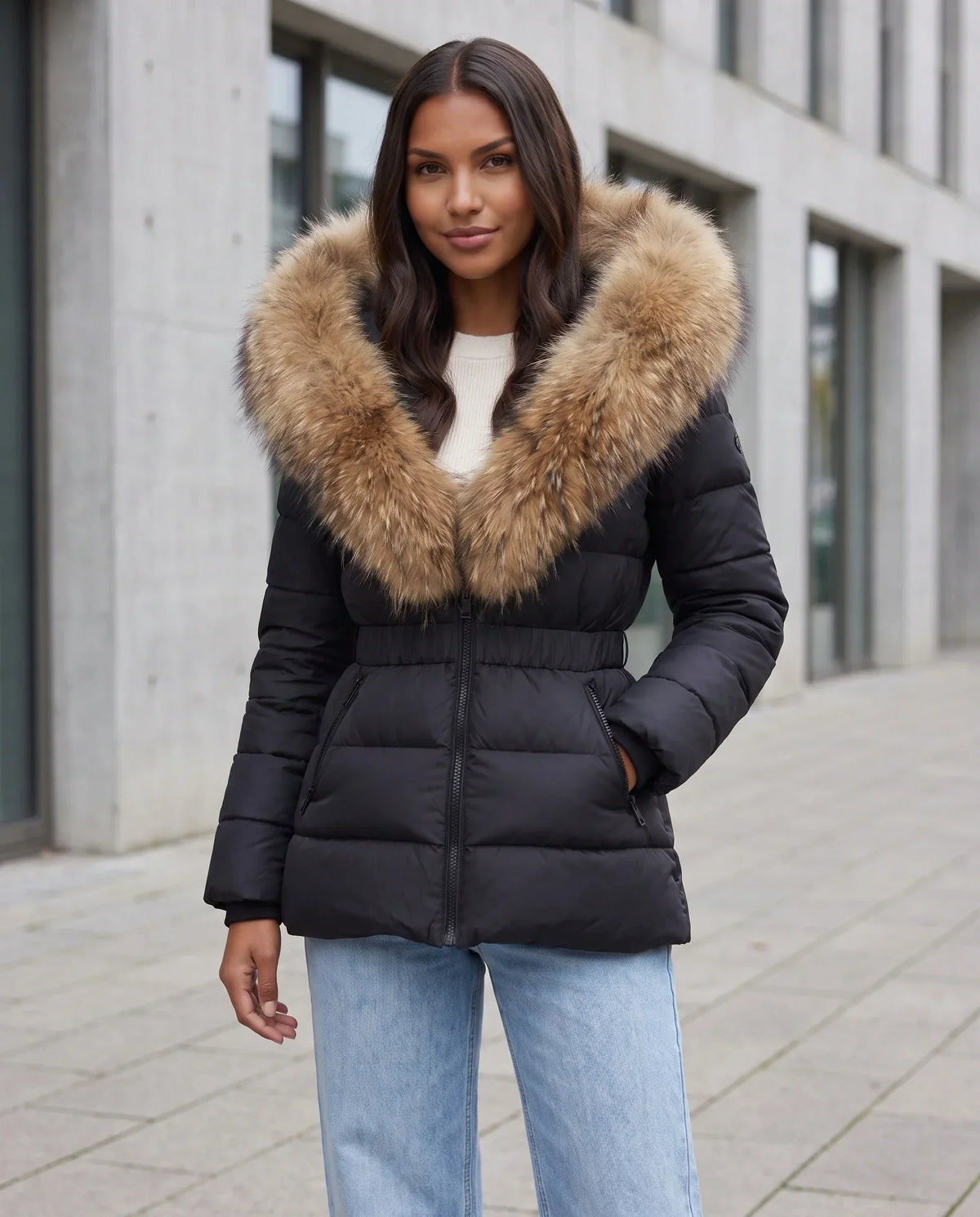 Short Puffer Jacket with Large Faux Fur Hood