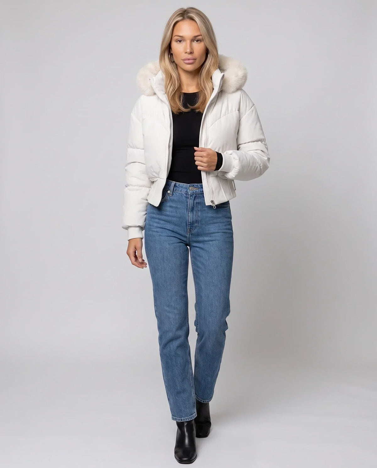 Short Puffer Jacket with Faux Fur Hood