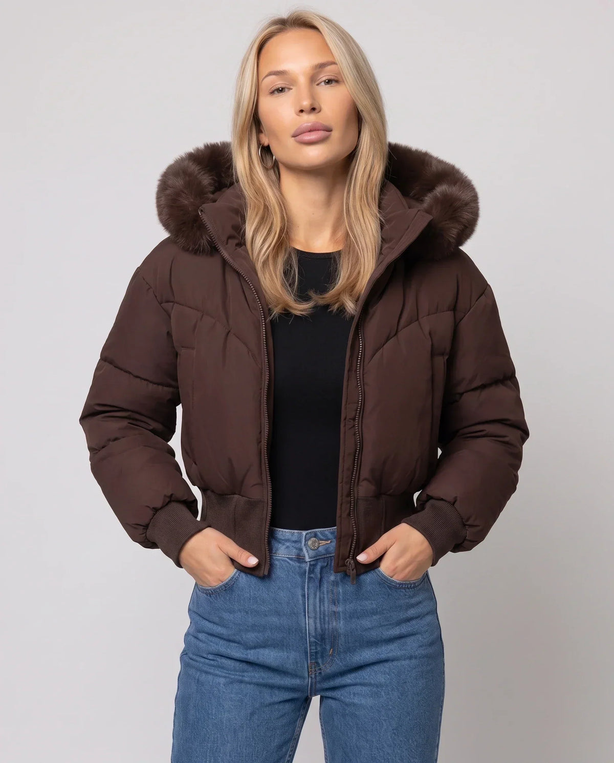 Short Puffer Jacket with Faux Fur Hood