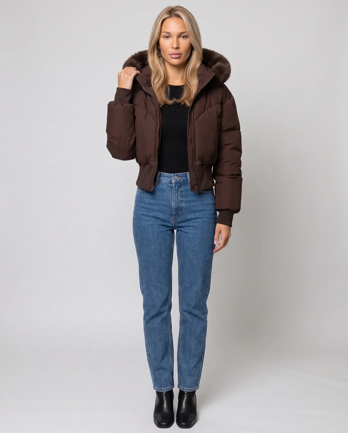 Short Puffer Jacket with Faux Fur Hood