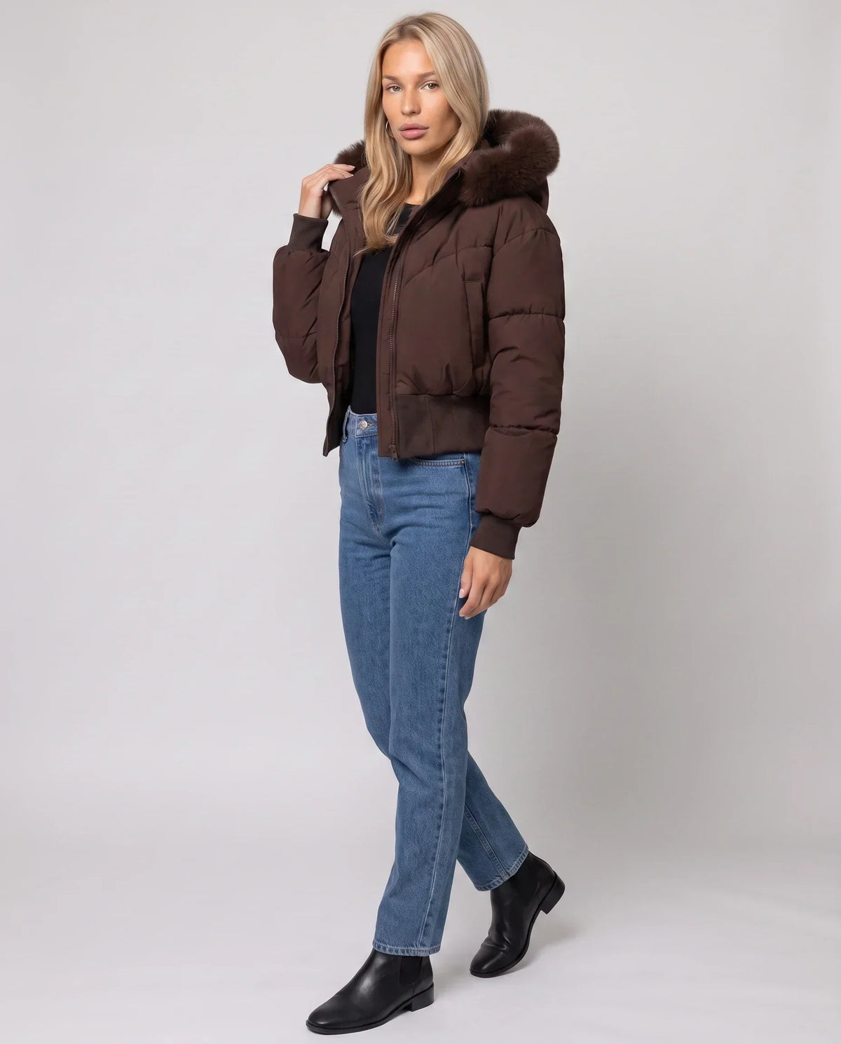 Short Puffer Jacket with Faux Fur Hood