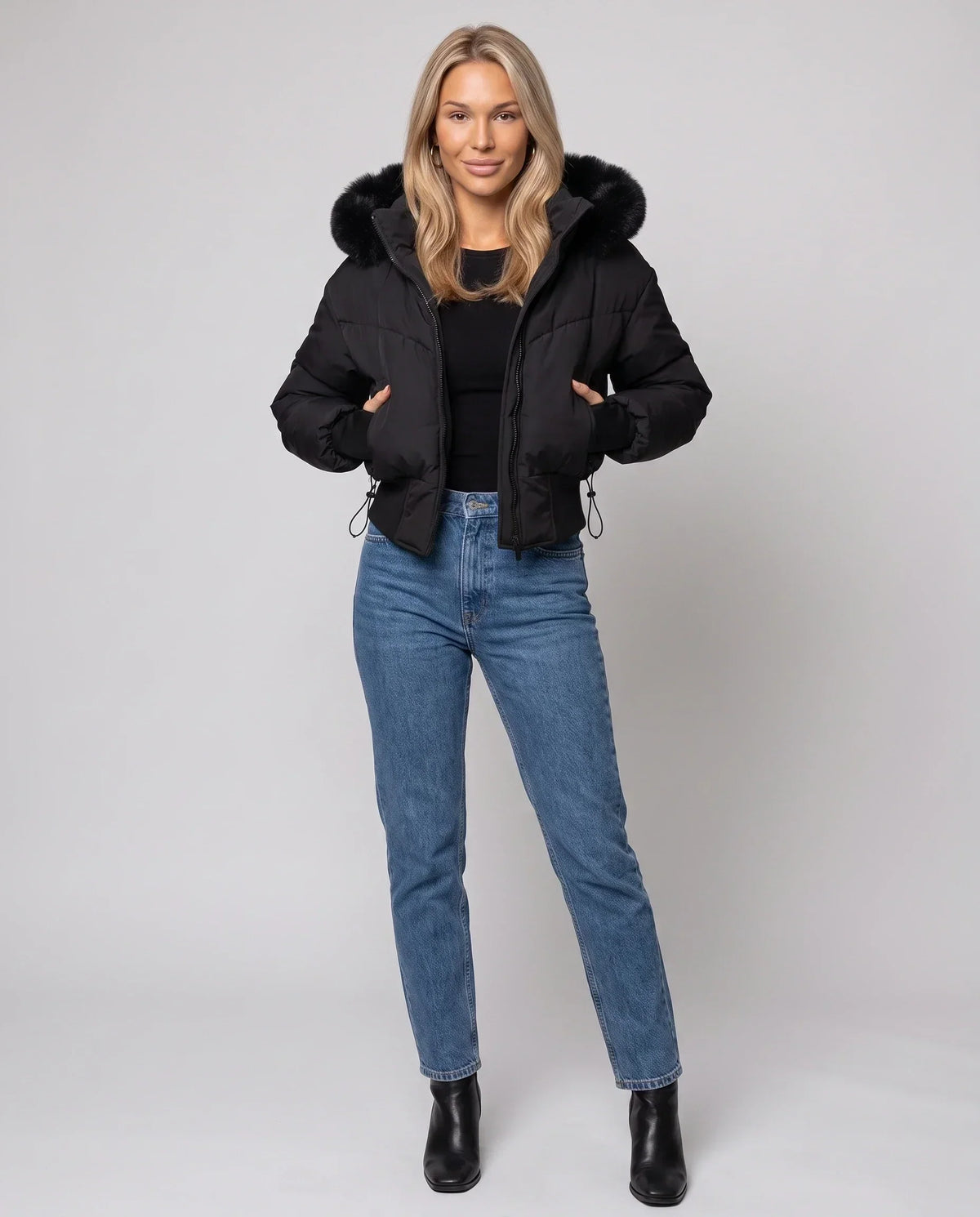 Short Puffer Jacket with Faux Fur Hood