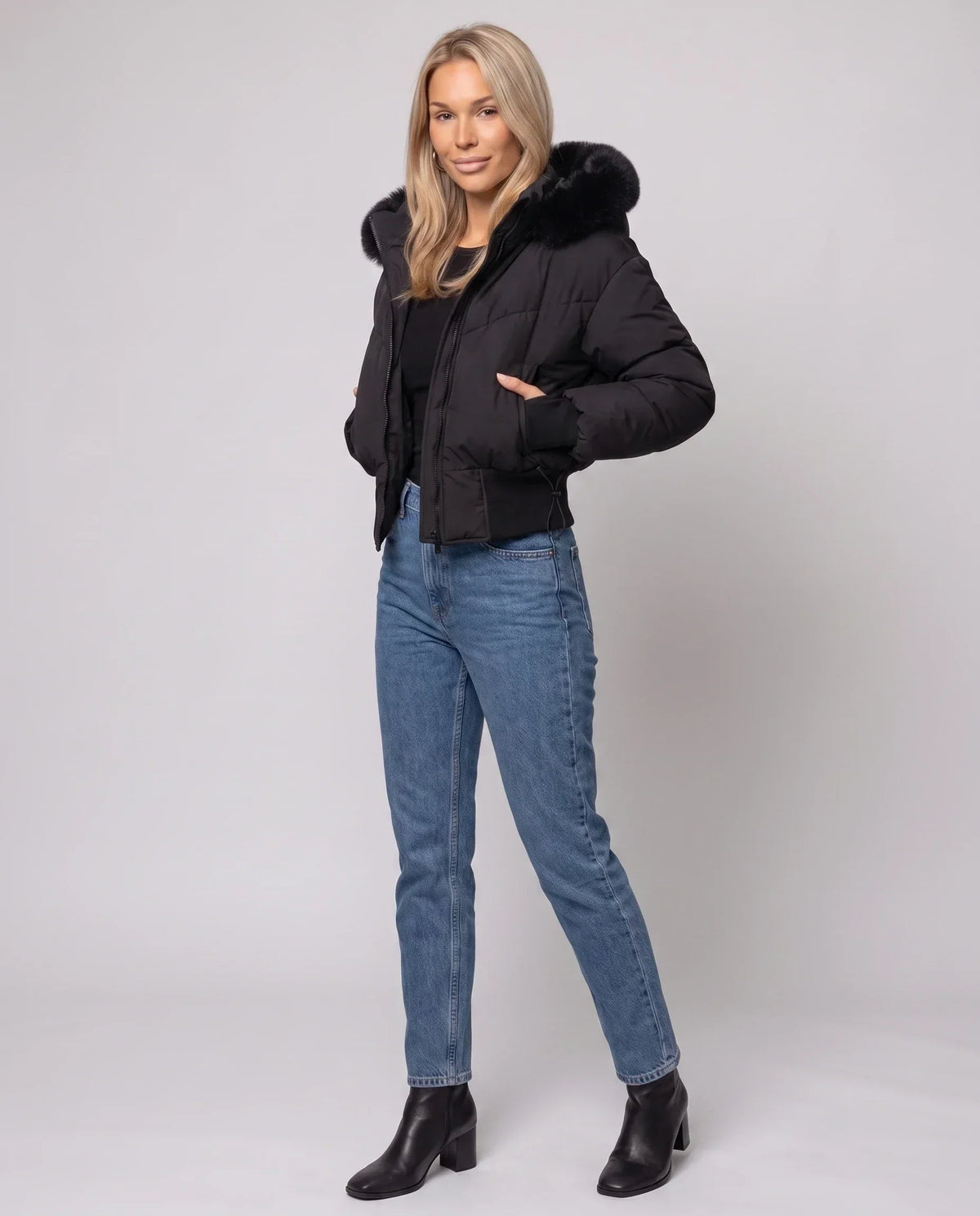 Short Puffer Jacket with Faux Fur Hood