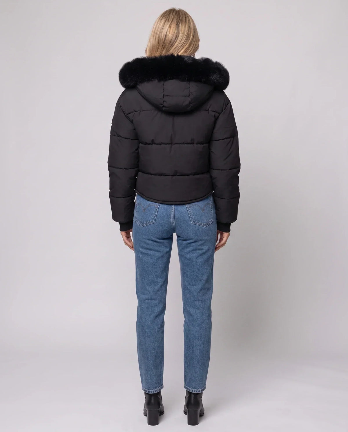 Short Puffer Jacket with Faux Fur Hood