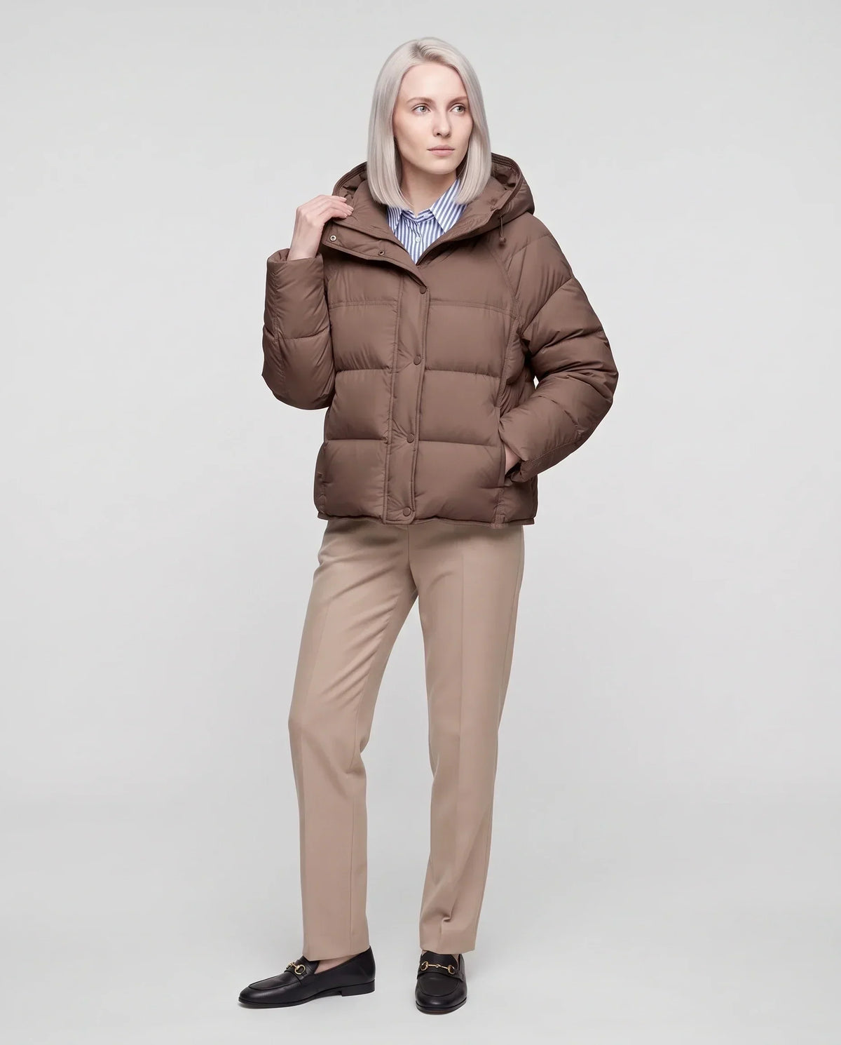 Short Hooded Puffer Jacket with Popper Placket