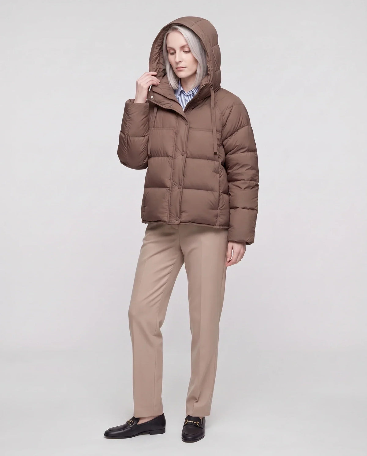 Short Hooded Puffer Jacket with Popper Placket