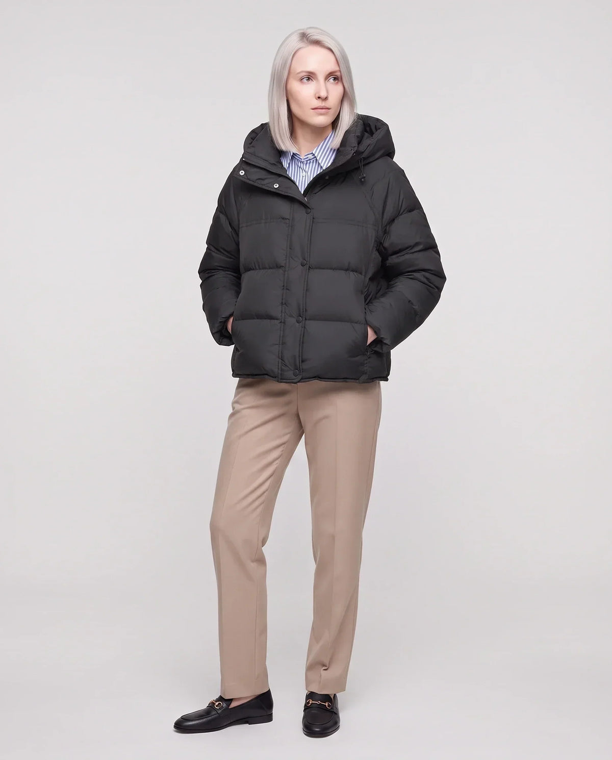 Short Hooded Puffer Jacket with Popper Placket