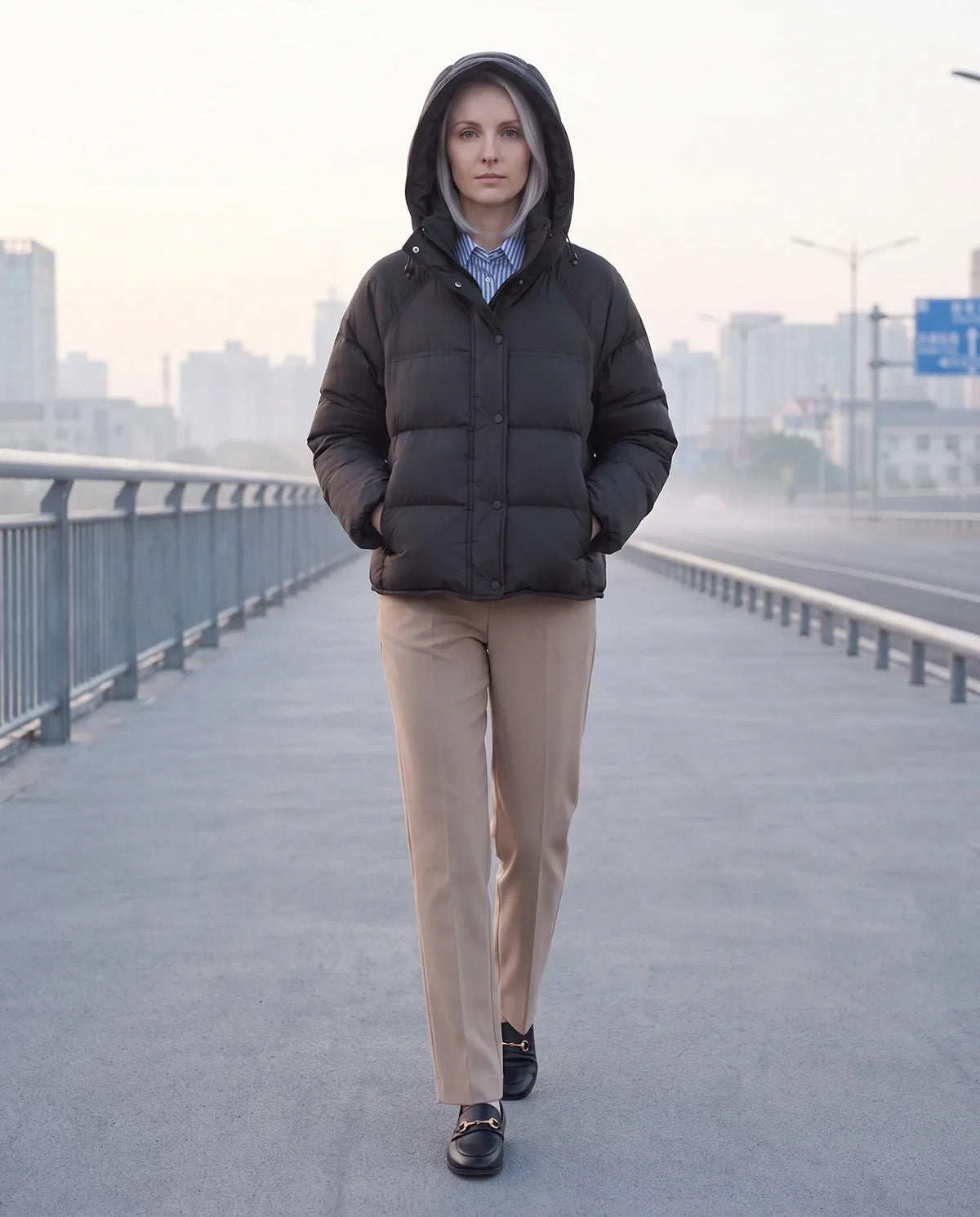 Short Hooded Puffer Jacket with Popper Placket