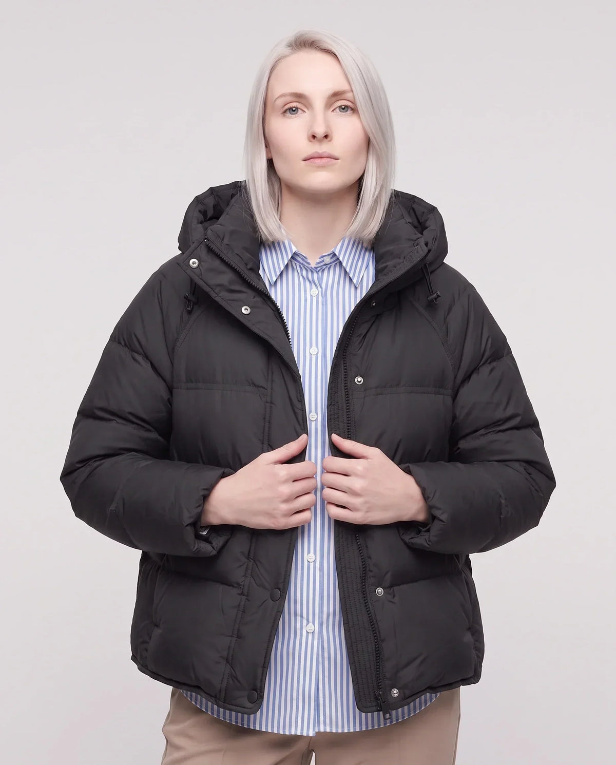 Short Hooded Puffer Jacket with Popper Placket