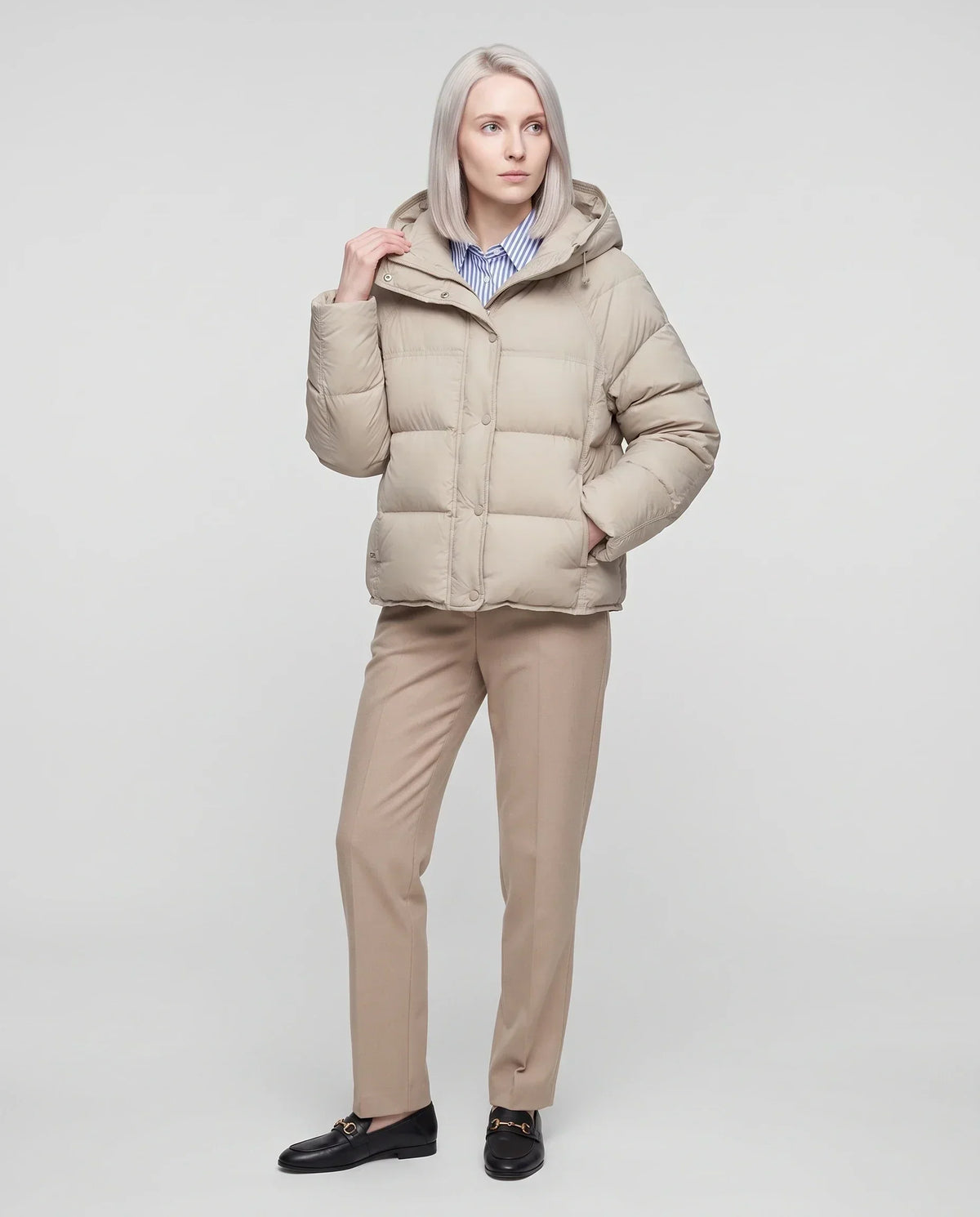 Short Hooded Puffer Jacket with Popper Placket