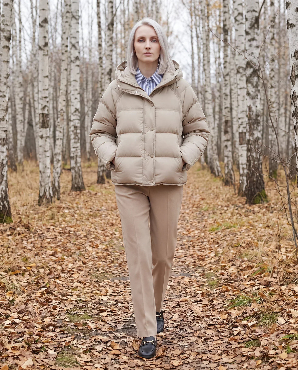 Short Hooded Puffer Jacket with Popper Placket