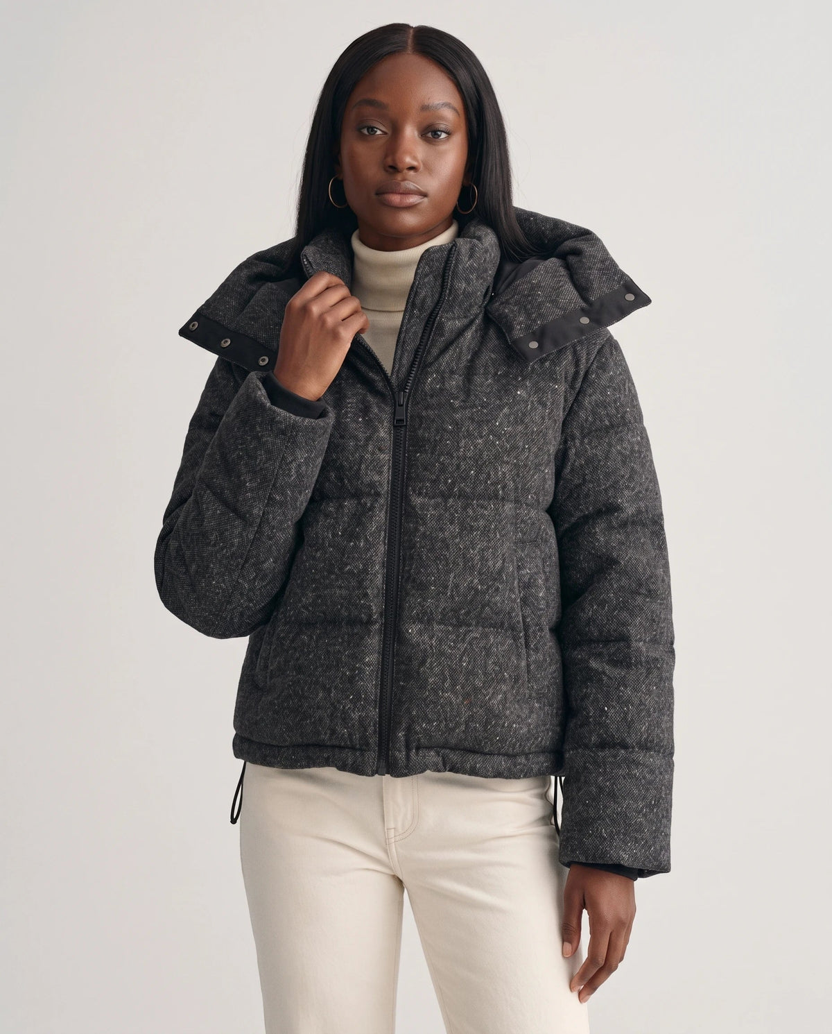 Short Oversized Marl Puffer Jacket with Detachable Hood