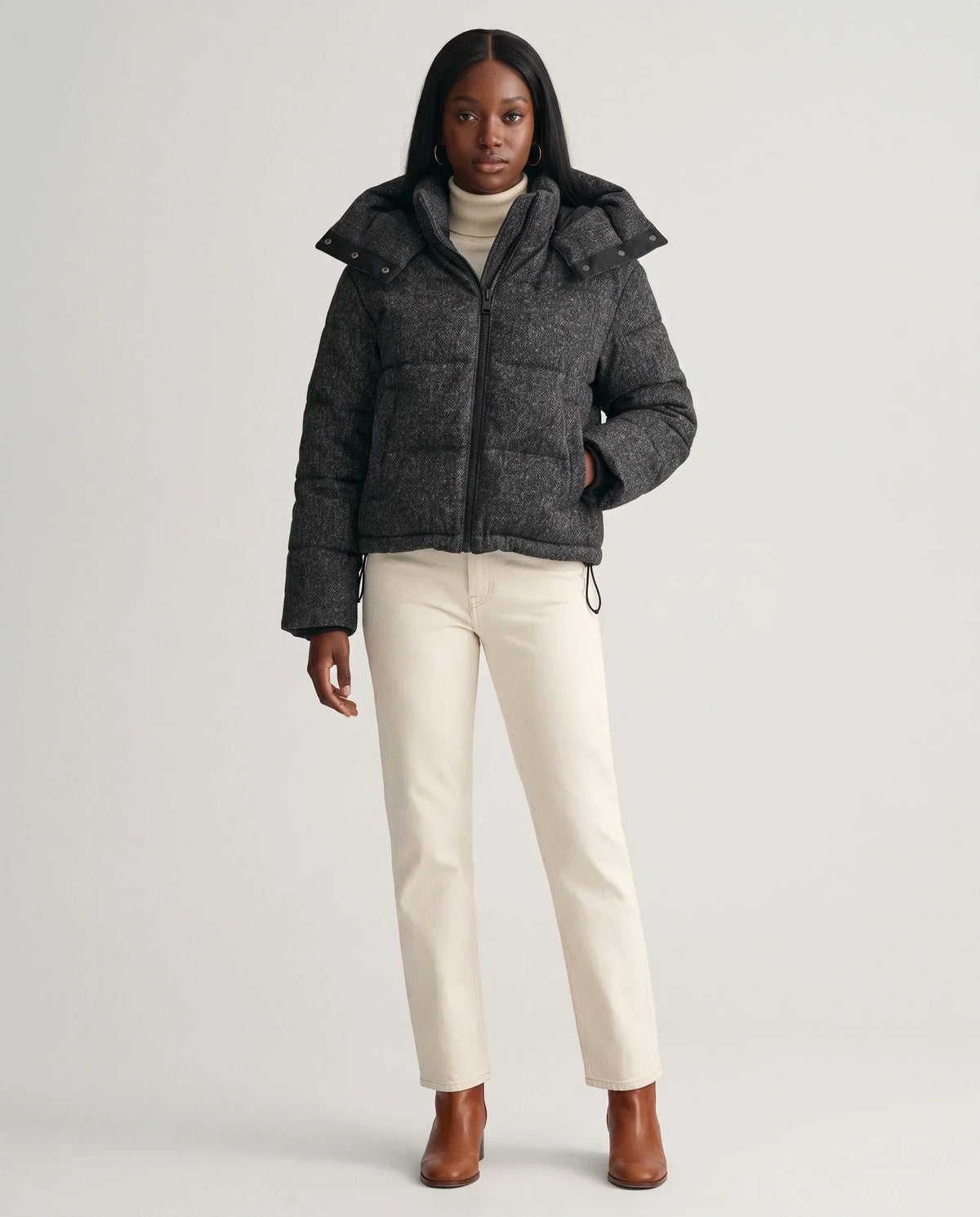 Short Oversized Marl Puffer Jacket with Detachable Hood