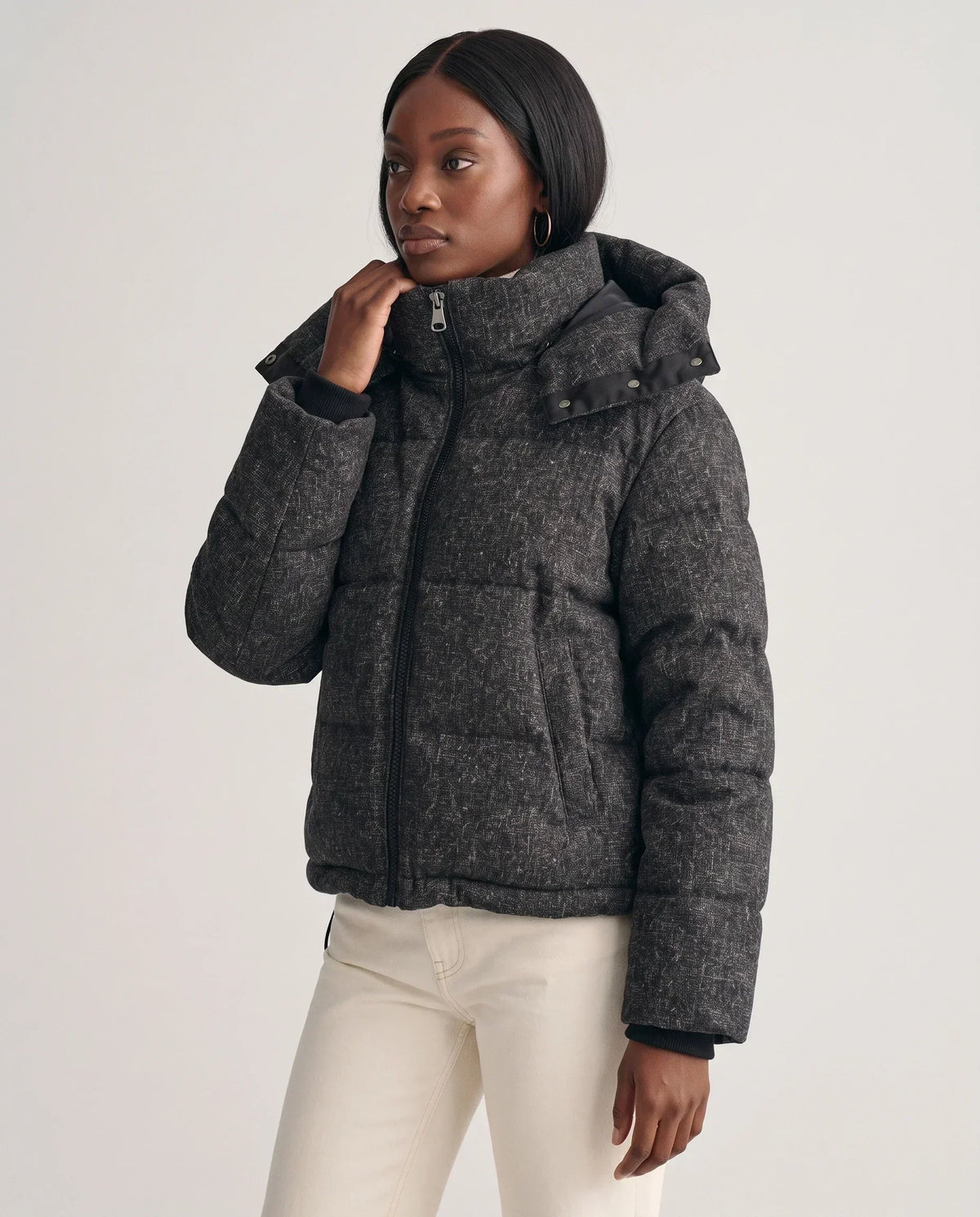 Short Oversized Marl Puffer Jacket with Detachable Hood
