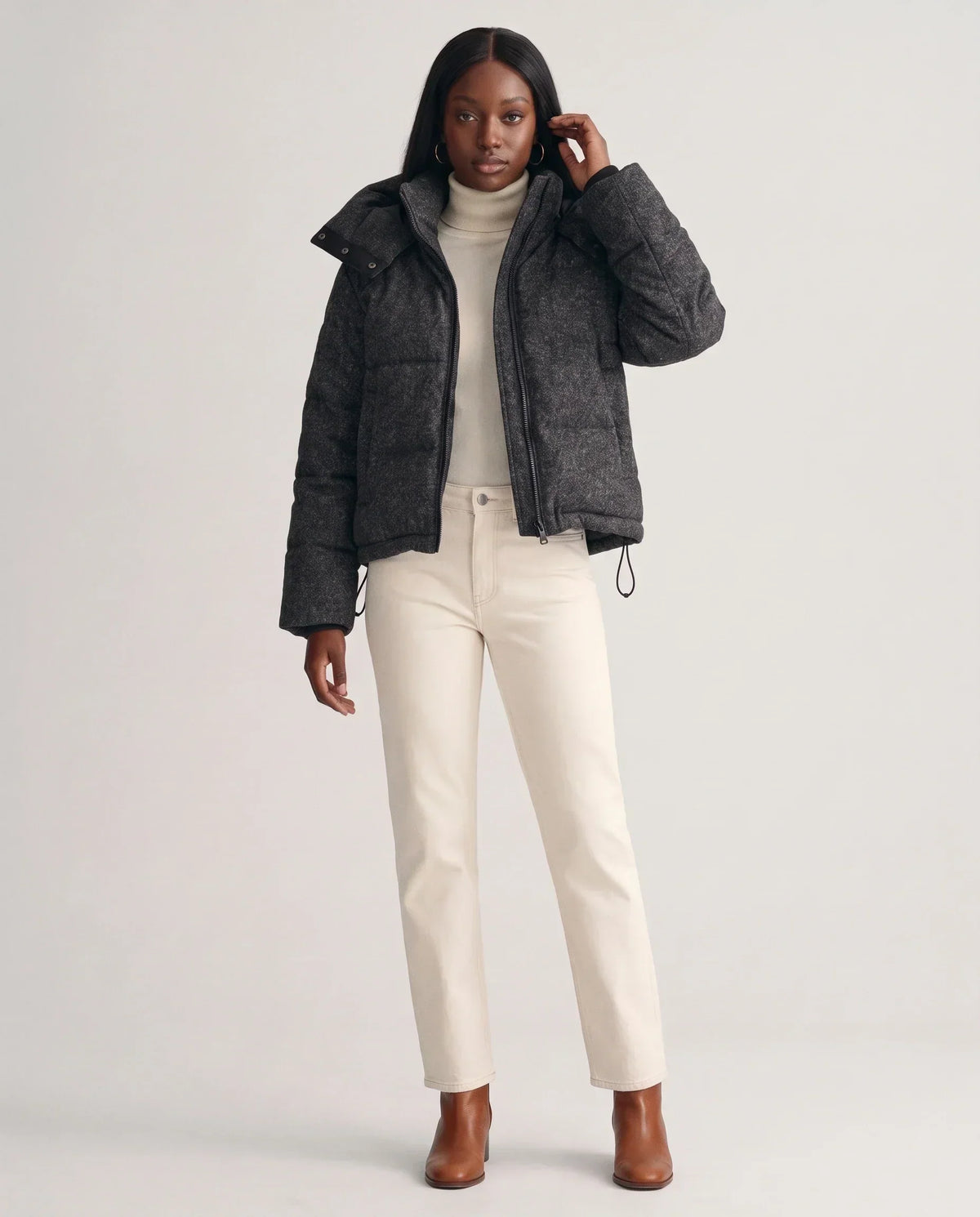 Short Oversized Marl Puffer Jacket with Detachable Hood