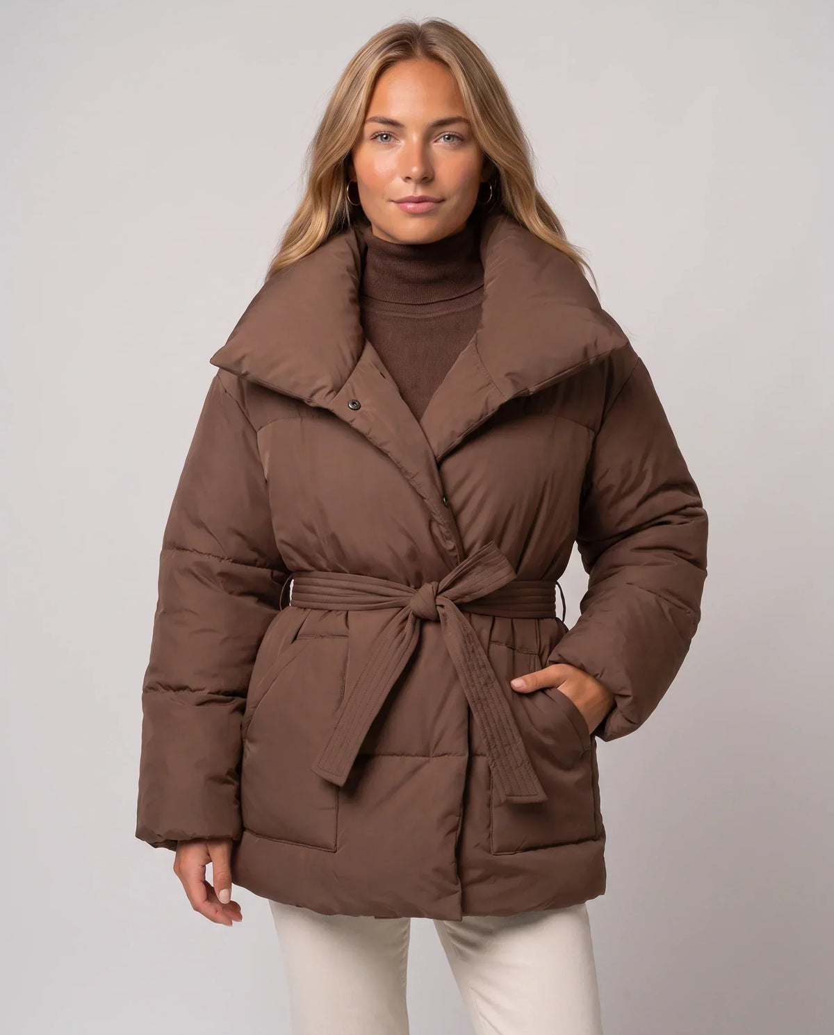 Oversized Mid-Thigh Puffer Jacket with Shawl Collar and Belt