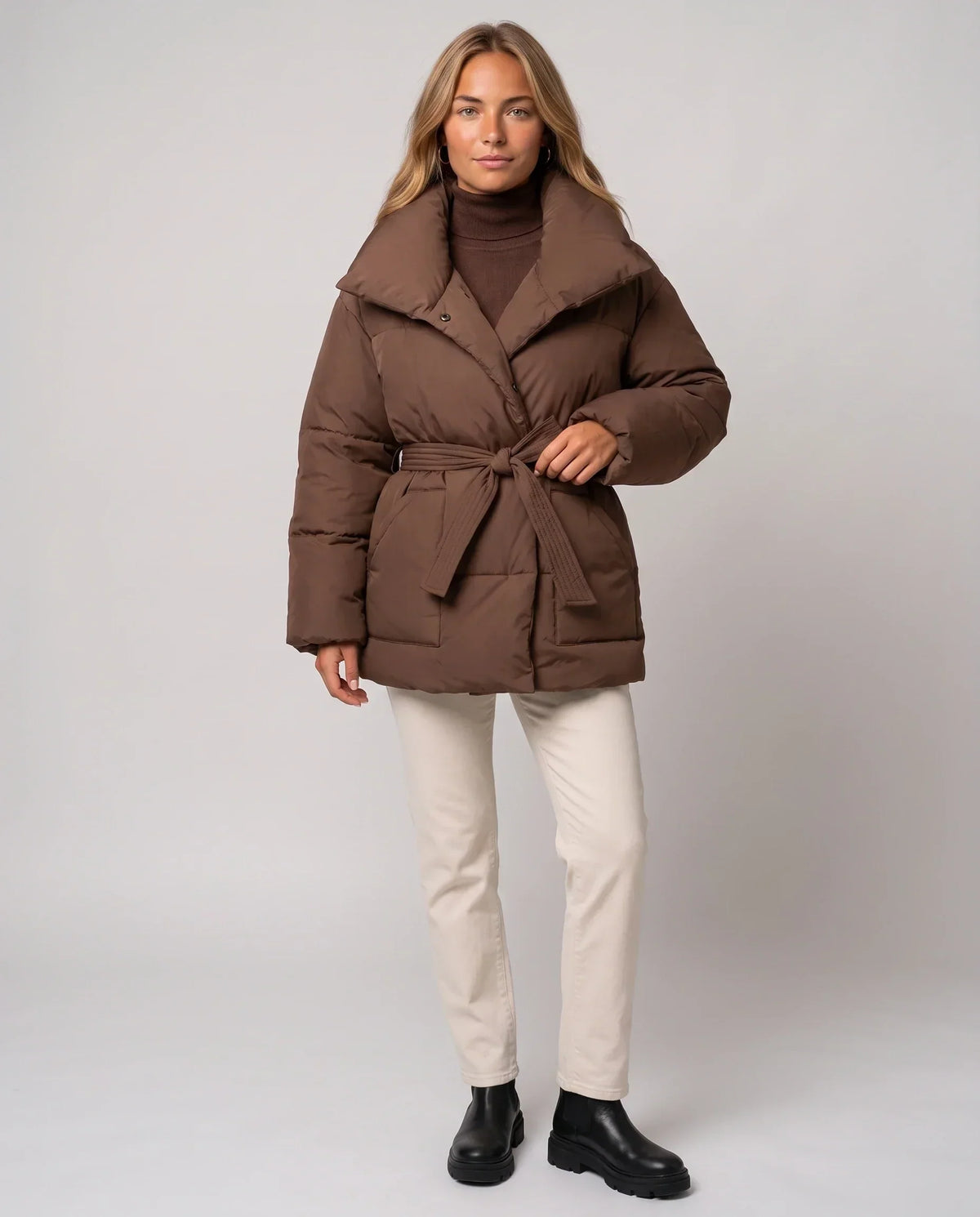 Oversized Mid-Thigh Puffer Jacket with Shawl Collar and Belt