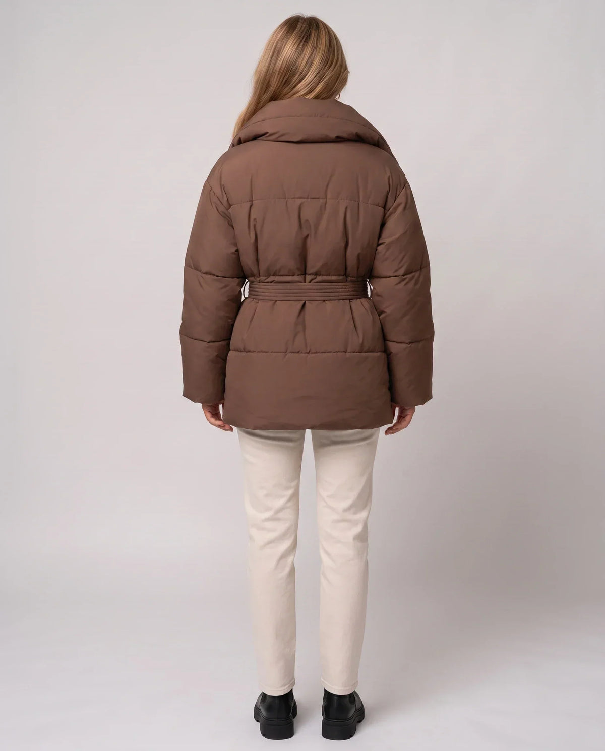 Oversized Mid-Thigh Puffer Jacket with Shawl Collar and Belt