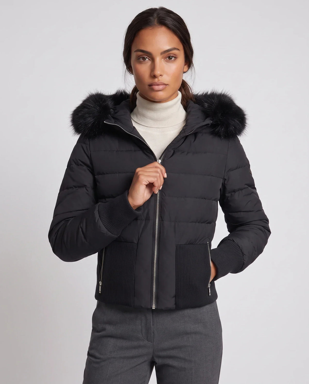 Short Fitted Puffer Jacket with Ribbed Panels