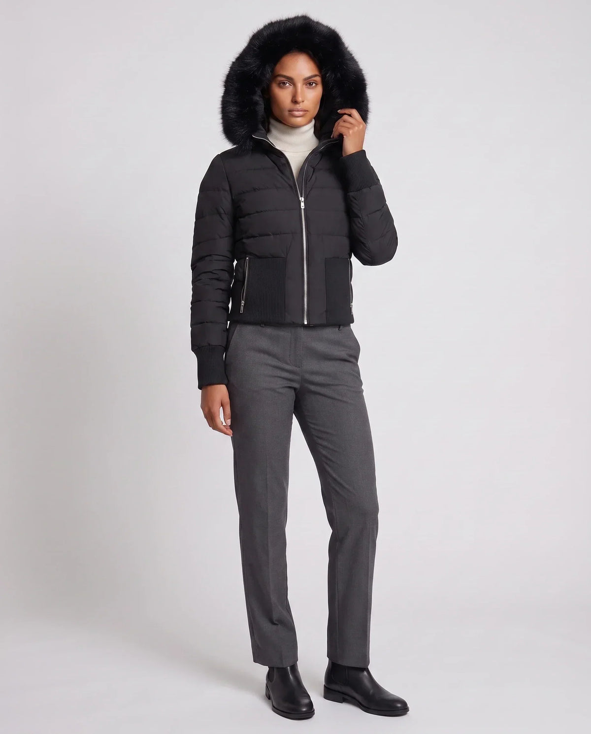 Short Fitted Puffer Jacket with Ribbed Panels