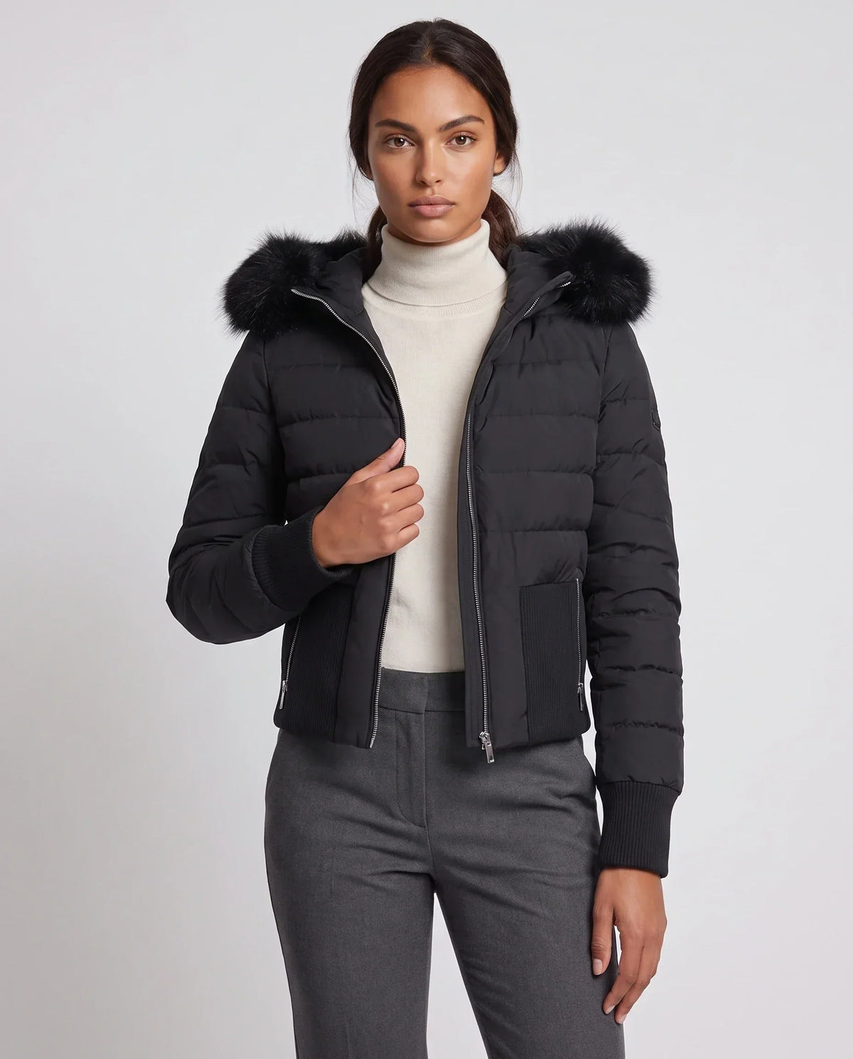 Short Fitted Puffer Jacket with Ribbed Panels