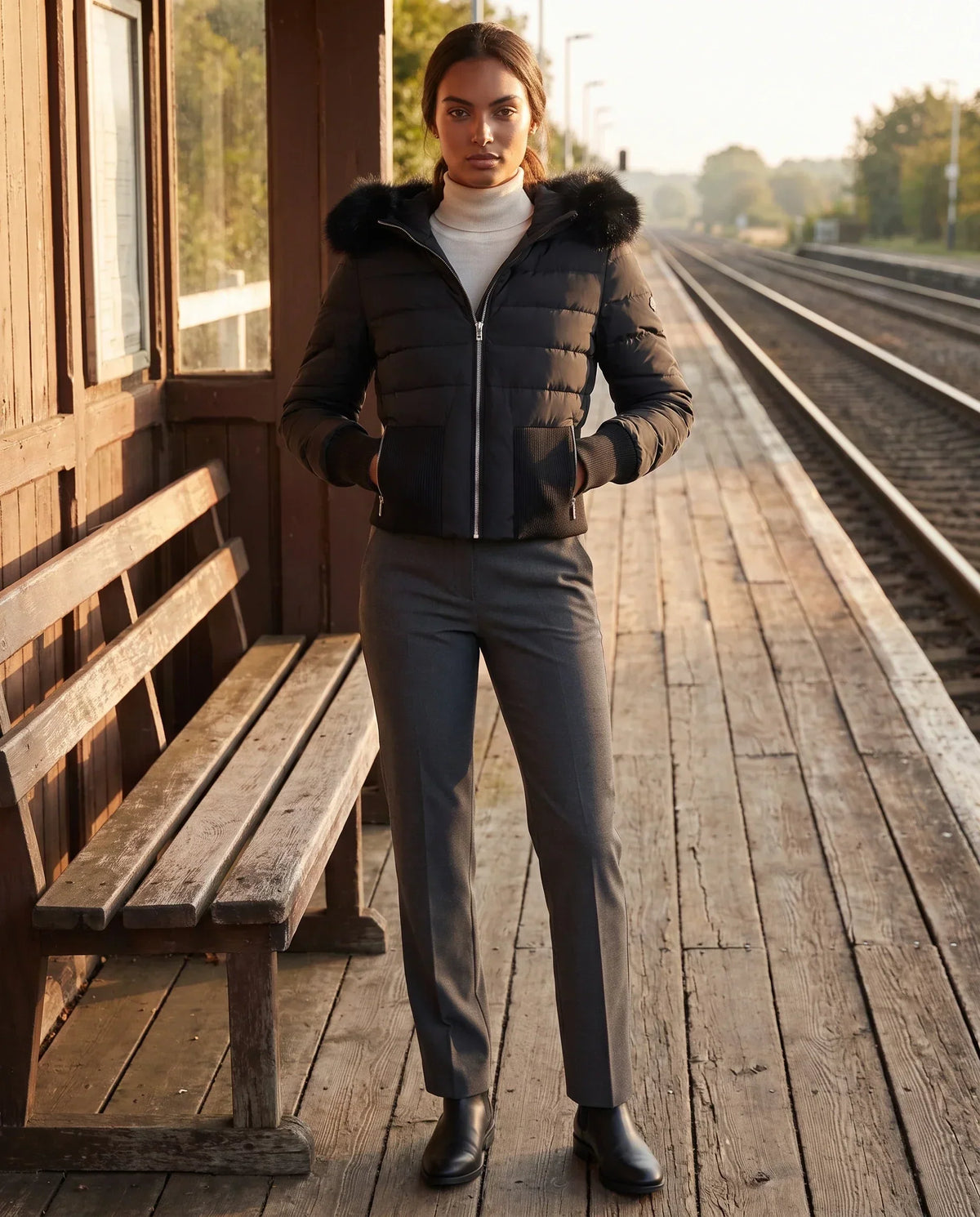 Short Fitted Puffer Jacket with Ribbed Panels