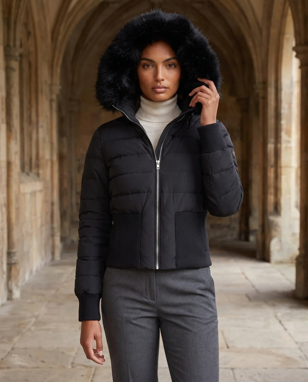 Short Fitted Puffer Jacket with Ribbed Panels