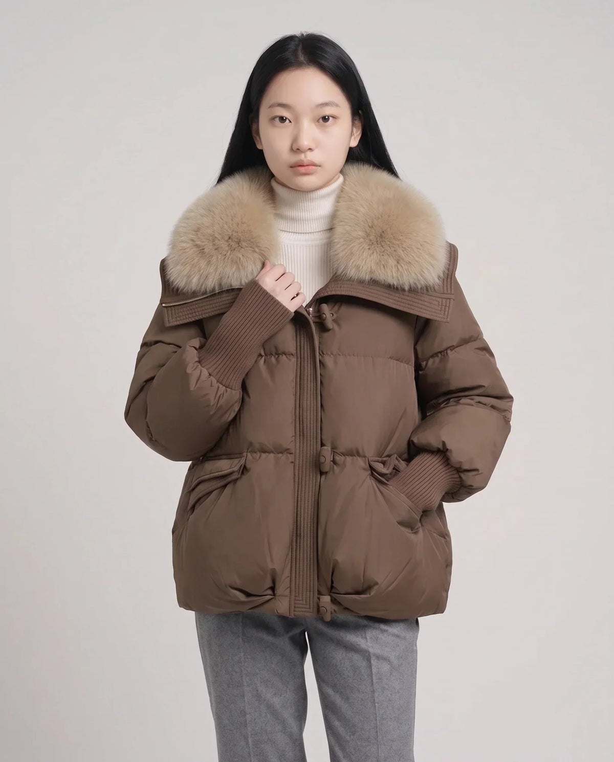 Short Puffer Jacket with Faux Fur Collar