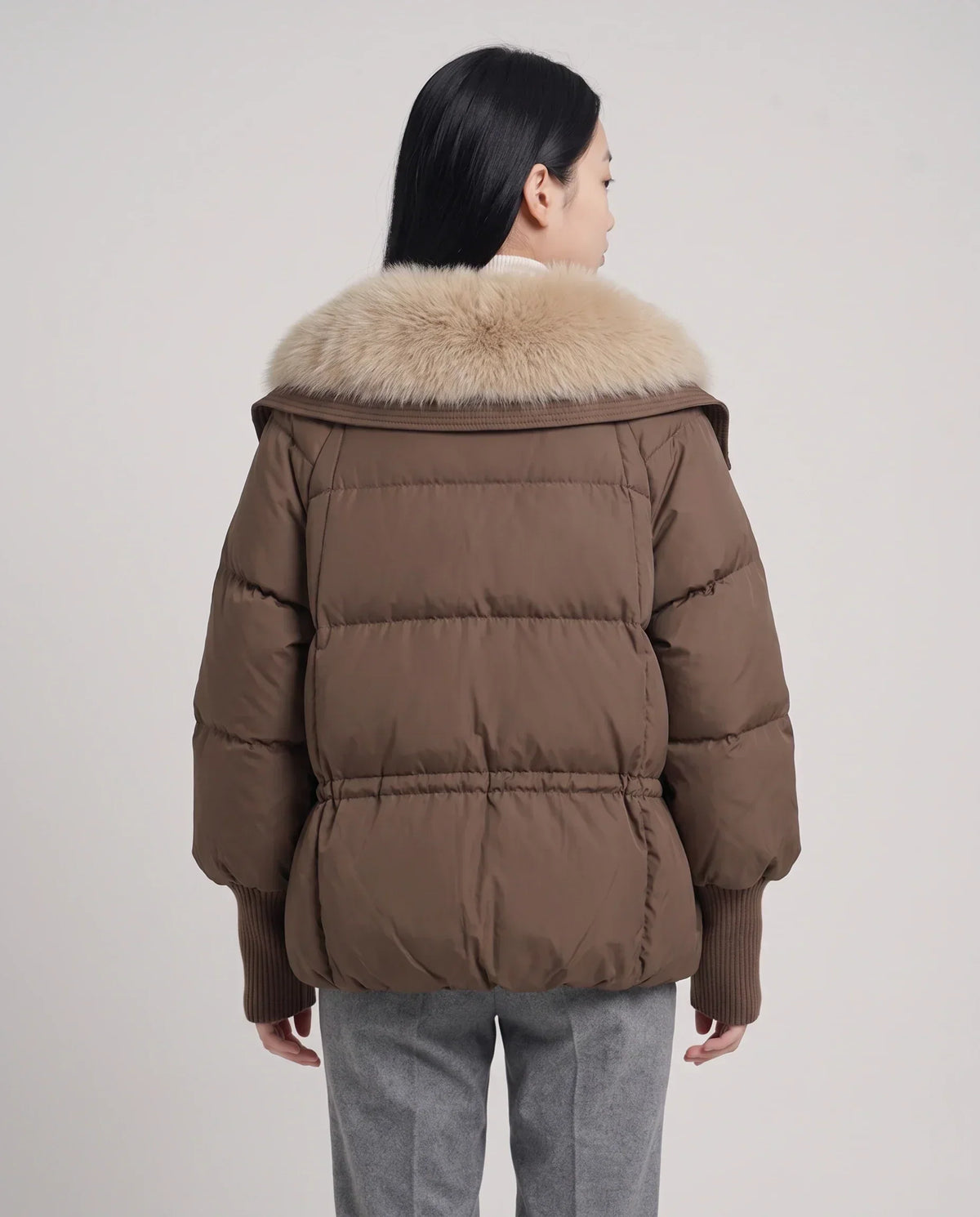 Short Puffer Jacket with Faux Fur Collar