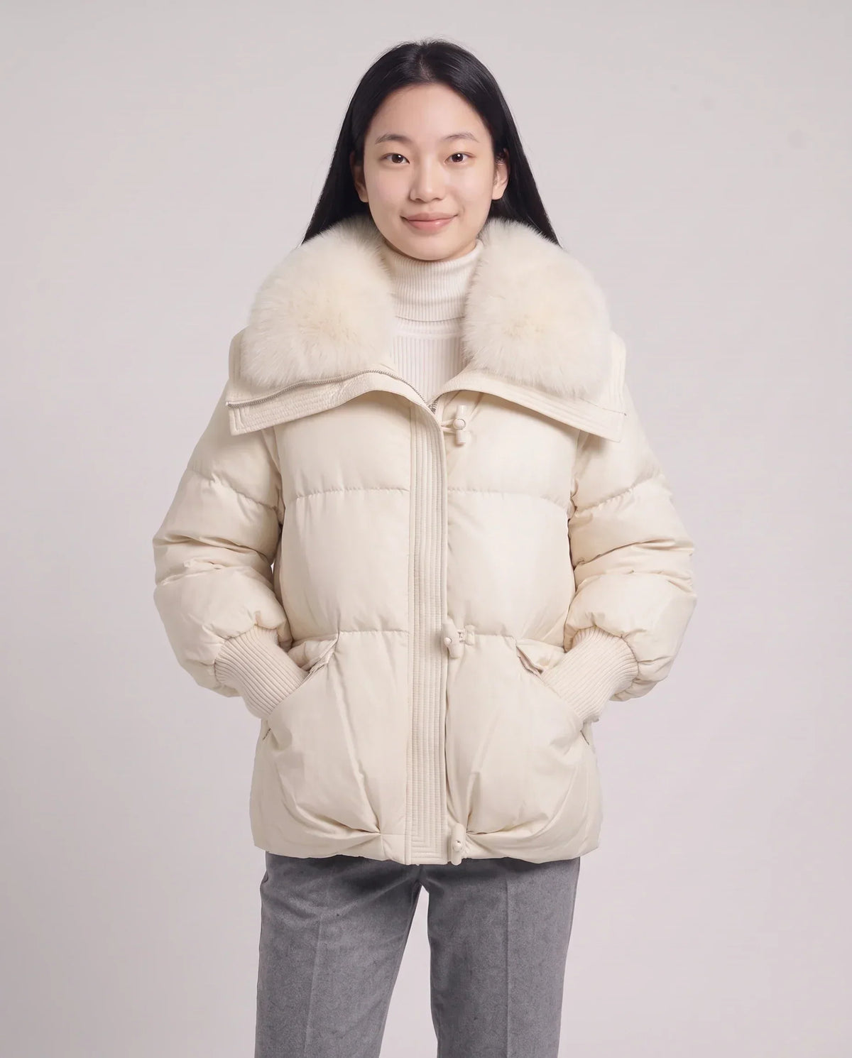 Short Puffer Jacket with Faux Fur Collar