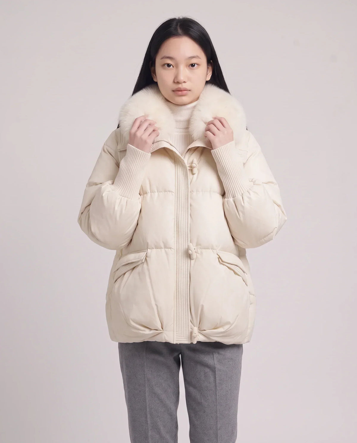 Short Puffer Jacket with Faux Fur Collar